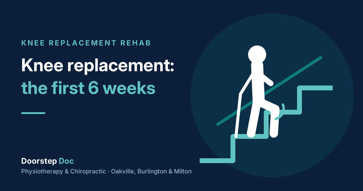 Illustration of a person on a staircase at home holding the railing and a cane after knee replacement surgery, showing knee replacement recovery at home