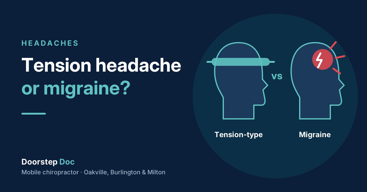 Illustration comparing a tension headache, shown as a tight band around the head, with a migraine, shown as throbbing pain on one side
