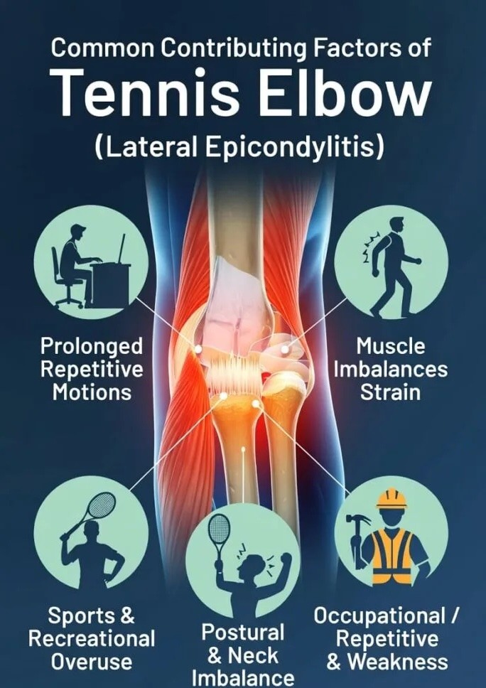 Common causes of tennis elbow: repetitive motions, muscle imbalance, sports overuse, posture and neck, and repetitive work