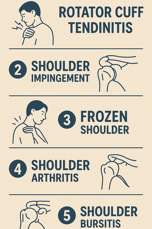 Common causes of shoulder pain: rotator cuff tendinitis, impingement, frozen shoulder, arthritis and bursitis