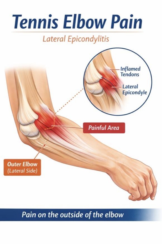 Tennis elbow symptoms: pain on the outside of the elbow over the lateral epicondyle